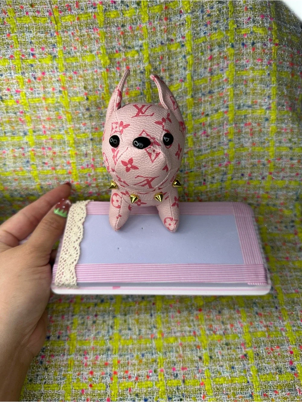 I Cute leather pink dog keychain and handbag decoration